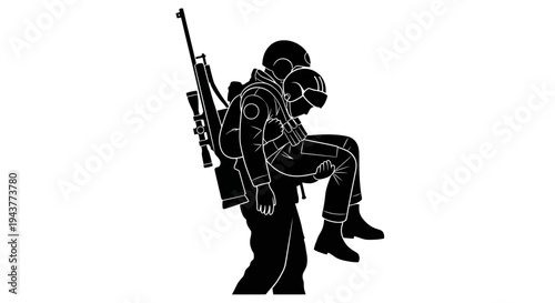 Soldier carrying wounded comrade, sniper rifle, teamwork, rescue, military, support, combat