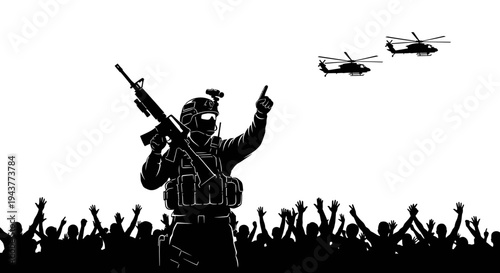 Soldier Directing Helicopters Over Crowd, Symbolizing Leadership and Support