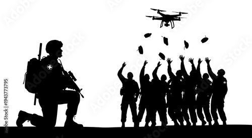 Soldier Drone Drops Supplies to Soldiers in Need, Silhouette