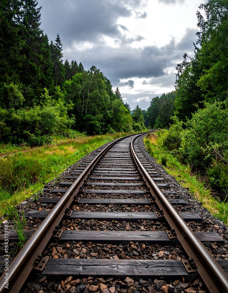 Obraz premium A railway track curves through a lush forest under a cloudy sky