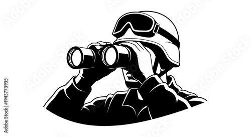 Soldier in helmet and goggles looking through binoculars, surveillance, military, observation, strategy