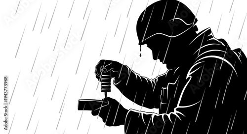 Soldier in Rain Setting Up Equipment