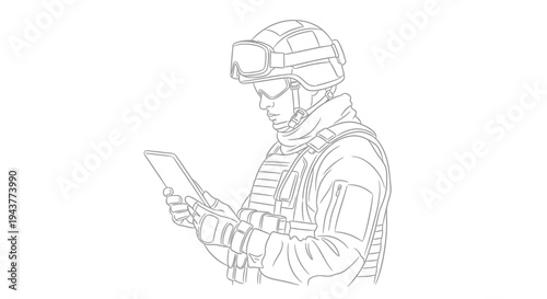 Soldier in tactical gear using tablet computer, modern warfare technology, digital communication