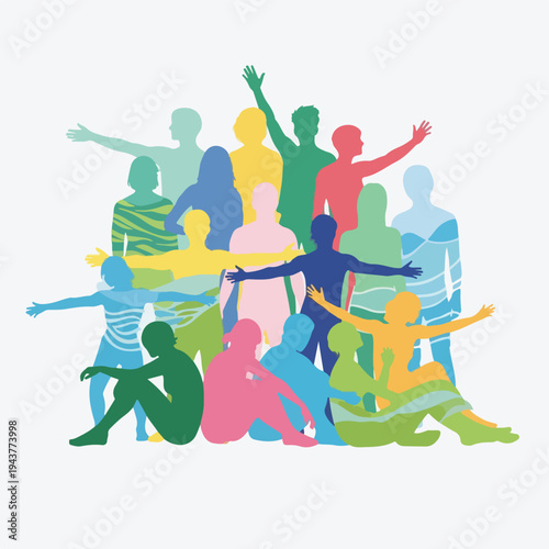 A vibrant, colorful collection of silhouetted figures posing in various positions