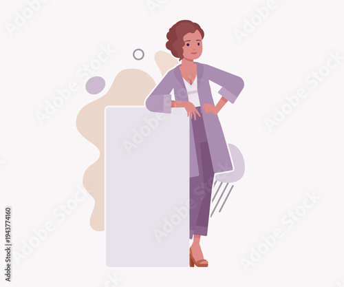 Modern female business leader, smart businesswoman banner lean pose. Elegant beautiful girl wearing purple blouse, lavender cardigan vector flat style cartoon illustration abstract creative background