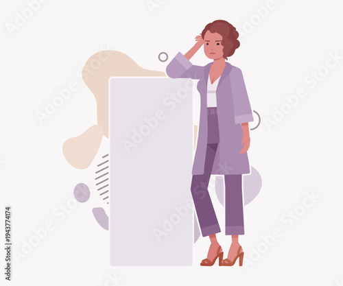 Modern female business leader, smart businesswoman banner lean stand pose. Elegant girl wearing purple blouse, lavender cardigan vector flat style cartoon illustration abstract creative background