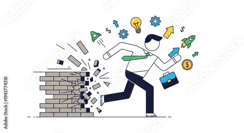 Businessman Breaking Through Brick Wall.