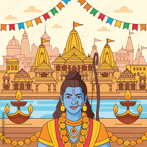 A vibrant illustration depicts a deity with temples and festive decor