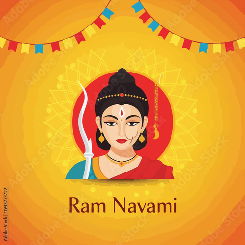 A vibrant illustration depicts a deity with traditional attire