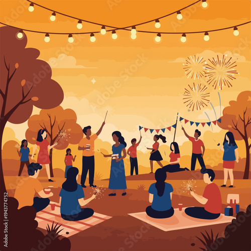 A vibrant illustration depicts a diverse group celebrating outdoors with fireworks