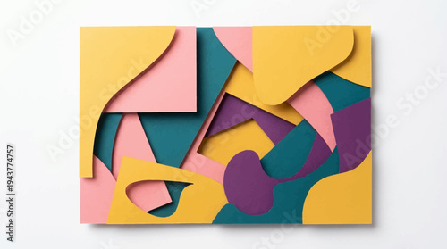 Abstract Paper Cut Art with Multi-Layered Geometric and Organic Shapes in Yellow, Pink, Teal and Purple, 3D Papercraft Background