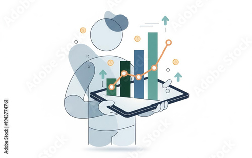 Data visualization showing a person holding a tablet with a financial growth chart and rising arrows, symbolizing business success and progress