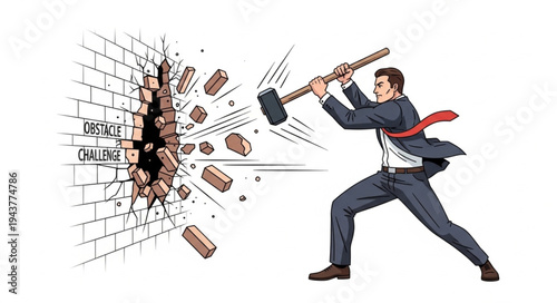 Businessman Breaking Through Wall.
