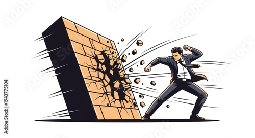 Businessman Breaking Through Wall.