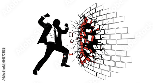 Businessman breaking through wall.