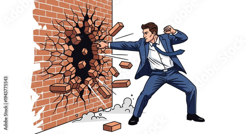 Businessman Breaking Through Brick Wall.