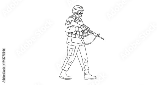 Soldier Walking with Rifle, Military Uniform, Helmet, Protective Gear, Line Art