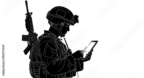 Soldier Using Tablet Computer in Combat Gear, Military Technology and Communication