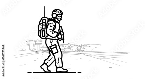 Soldier with Backpack and Radio Walking, Military Operation, Tactical Gear, Outdoor Scene