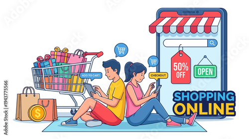 Online Shopping Concept Illustration with a Young Couple Using Mobile Devices to Buy Goods from a Digital Store, Featuring a Full Shopping Cart and 50% Off Discount