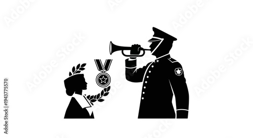 Soldier with Bugle Honors Nurse with Laurel Wreath and Medal