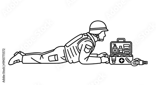 Soldier with First Aid Kit on Ground, Military Medical Emergency Concept