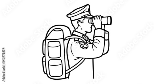 Soldier with backpack looking through binoculars, military exploration and surveillance