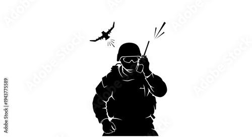 Soldier with radio and drone in flight, military communication, surveillance, tactical operations