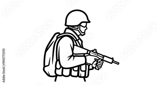 Soldier with Rifle and Backpack, Military Action, Combat Readiness, Outline Illustration