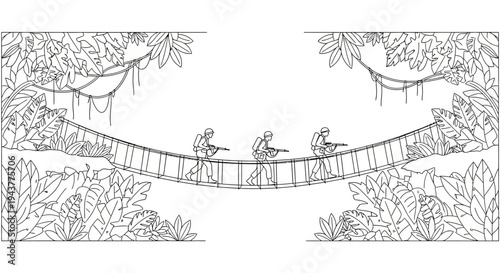Soldiers crossing jungle rope bridge, military operation, adventure, exploration, teamwork, survival