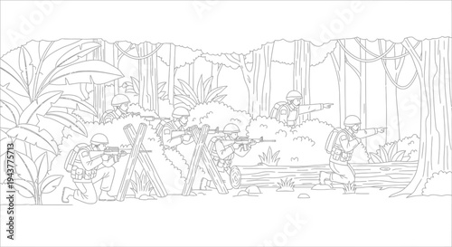 Soldiers in jungle combat, Vietnam War era, advancing through dense foliage with weapons