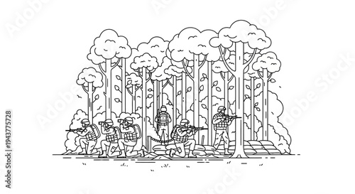 Soldiers in Forest Ambush, Military Operation, Tactical Team, Woodland Combat