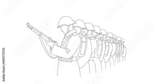 Soldiers in formation with rifles, historical military illustration, line drawing