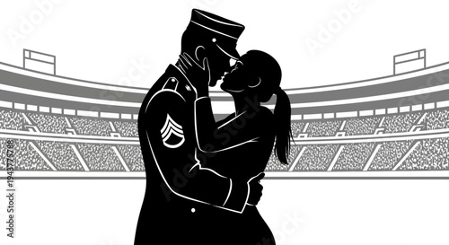 Soldier's Return: Couple Embraces at Stadium, Symbolizing Love and Homecoming