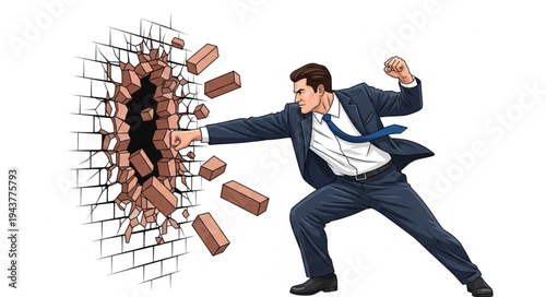 Businessman breaking through brick wall.
