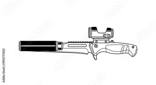 Tactical Combat Knife with Suppressor and Red Dot Sight - Vector Illustration