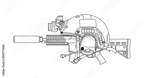Tactical Helmet with Night Vision Goggles and Suppressed Rifle Attachment