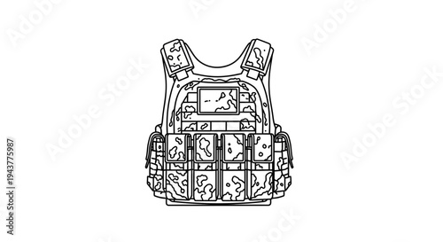 Tactical Vest Outline Drawing, Military Gear, Combat Equipment Illustration