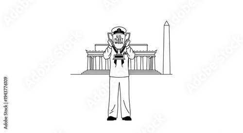 US Navy Sailor Holds Trophy in Front of Lincoln Memorial and Washington Monument