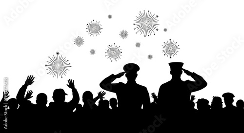 Veterans Day Celebration: Silhouettes of Soldiers Saluting with Fireworks and Crowd