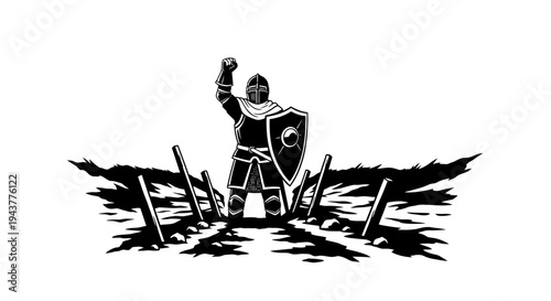 Victorious Knight Standing Strong with Shield and Raised Fist in Black and White