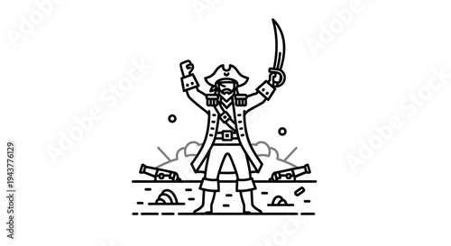 Victorious Pirate Captain with Sword and Hat, Standing on Battlefield