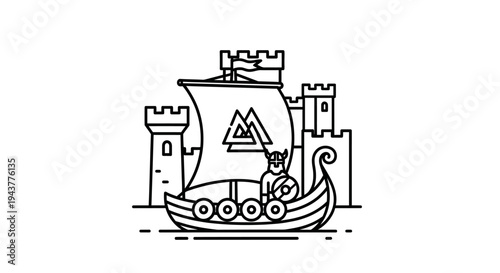 Viking Ship with Castle and Valknut Symbol - Line Art Illustration