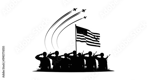 Veterans Saluting American Flag with Fighter Jets Flyover