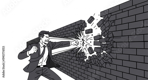 Businessman breaking through brick wall.
