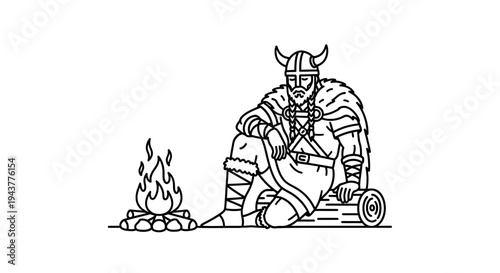 Viking Warrior Resting by Campfire, Illustration
