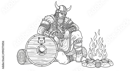 Viking Warrior Resting by Campfire with Shield and Axe - Line Art Illustration