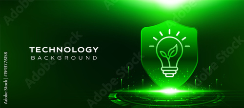 Green technology background eco energy shield concept with light bulb leaf icon.
Futuristic digital protection idea for sustainable innovation and environmental technology.