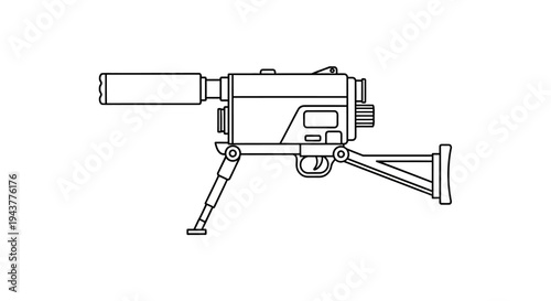 Vintage Film Camera with Tripod and Silencer Attachment - Line Art Illustration