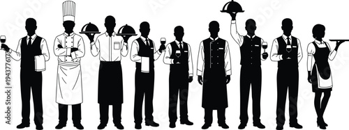 Restaurant staff silhouettes including chefs and waiters isolated on white background, hospitality service team, catering and food industry concept